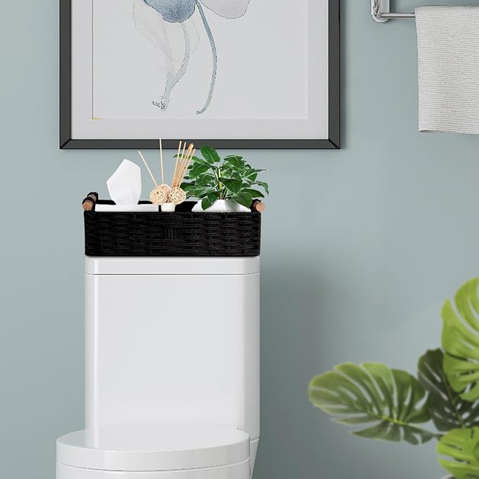 Round Paper Rope Storage Basket Wicker Baskets for Organizing with Handle Decorative Storage Bins for Countertop Toilet Paper Basket for Toilet Tank Top Small Baskets Set,Black