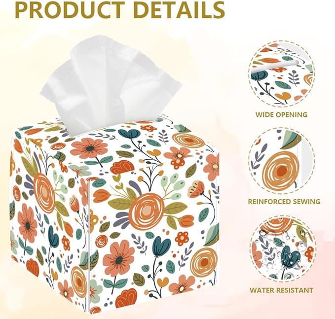 Flowers Leaves Tissue Box Holder, Square Tissue Box Cover Foldable Tissue Storage Box Waterproof Tissue Box Holder for Bedroom Office Bathroom Car Nightstand Home Decor