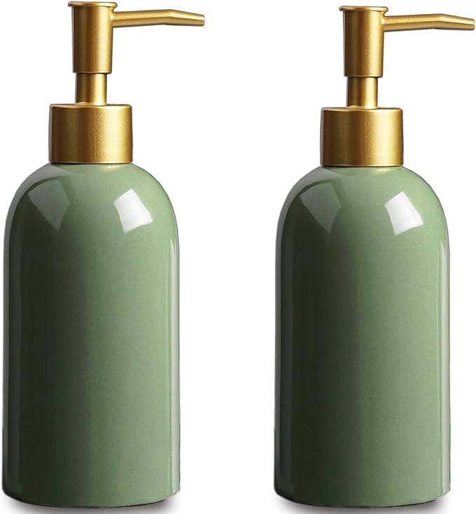 2Pack Ceramic Soap Dispenser Green with Gold Pump,Modern Design Cylindrical Lotion Dispenser Bottle,Refillable Liquid Hand Soap Dispenser for Kitchen,Bathroom,Washroom