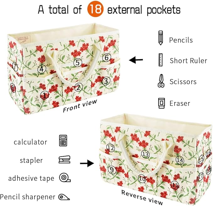 E-WEICHEN Craft Organizer Tote Bag Art Storage Caddy with Multiple Pockets Containers for Art,Craft,and Office Supplies Storage.Red Flower