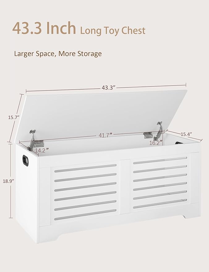 DINZI LVJ Storage Chest, 43.3â Wooden Toy Box with 2 Safety Hinges, Retro Entryway Shoe Storage Bench with Flip-Top, Sturdy Large Storage Trunk for Living Room, Bedroom, Easy Assembly, White