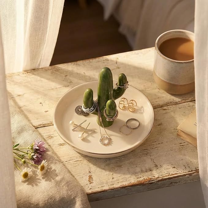 Cactus Jewelry Holder and Ring Dish - Ceramic Succulent Decor for Kitchen Sink or Vanity - Cute Engagement, Birthday, or Motherâs Day Gifts for Women, Gold-Rimmed Trinket Tray