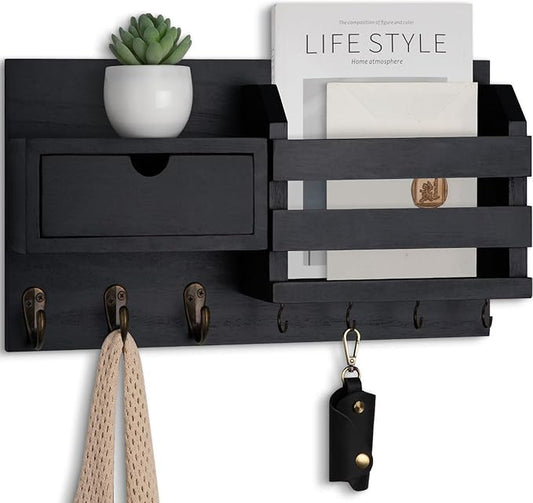 Wall Mount Key Holder with Mail Organizer, 100% Paulownia Wood, 7 Metal Hooks, Storage Drawer, Entryway Home Decor (Black)