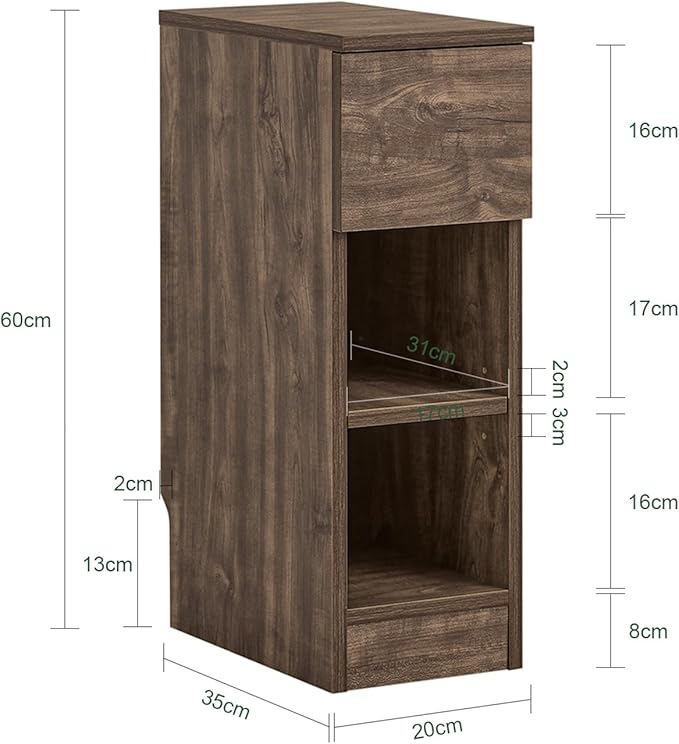 SoBuy Narrow Nightstand Slim Bedside Table with Drawer and Open Shelf, Skinny Modern Nightstand for Bedroom, Compact Side Table for Tight Corners and Small Spaces, Brown FBT111-SN