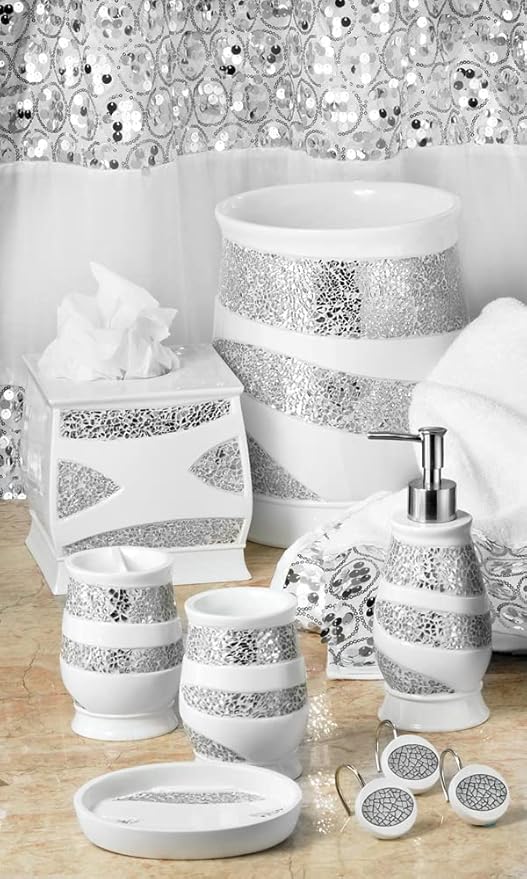 Zahari Home Sinatra Soap Dispenser/Lotion Pump Unique Design Bling Glass Mosaic Décor, White