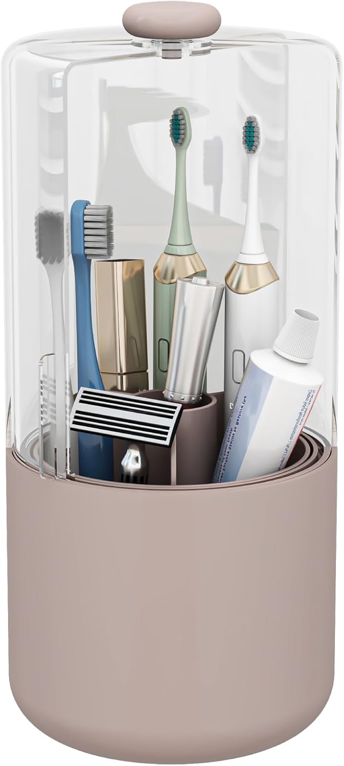 Toothbrush Holder with Cover 360 Rotating 4 Compartments Bathroom Toothpaste Electric Toothbrush Organizer, Pink