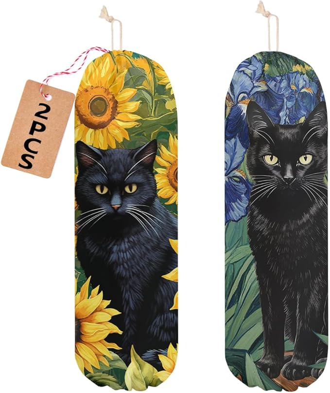 2 Pcs Cat Gifts Plastic Bag Holder, Wall Mount Grocery Bag Holder for Plastic Bags, Flower Reusable Grocery Bags Storage Dispenser for Home Kitchen Pantry Decor, Funny Cats Gifts for Women Cat Lovers