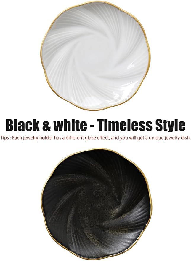 Ceramic Jewelry Tray with Gold Edge, 5 Inch Modern Trinket Dish for Rings, Bracelets & Earrings, Elegant Dresser Organizer (White)