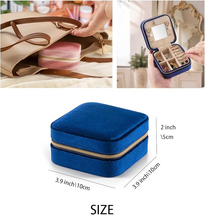 Plush Velvet Travel Jewelry Case, Travel Jewelry Organizer, Jewelry Travel Case, Travel Jewelry Box, Small Jewelry Case, Jewelry Travel Box, Earring Organizer with Mirror - NavyBlue 4packs