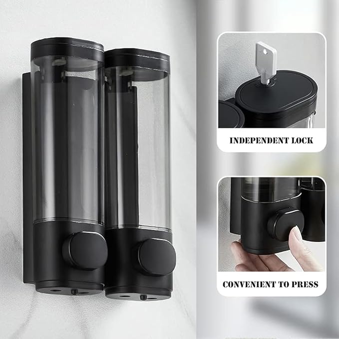 2-Chamber Soap Dispensers Wall Mount,400ml Bathroom Shower Dispenser,Press Manually Lotion Shower Soap Dispenser Use for Home,Bath,Kitchen,Hotels,Apartment,Restaurants(Black)