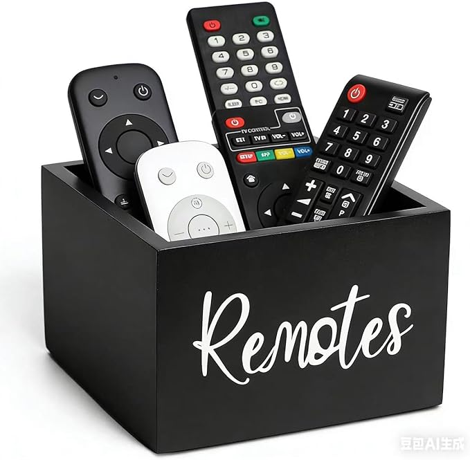 Wood Remote Control Holder, TV Remote Control Organizer for Home Bedroom Table, Multi-Purpose Desktop Storage (Black, M, for 3+ Remote Control)