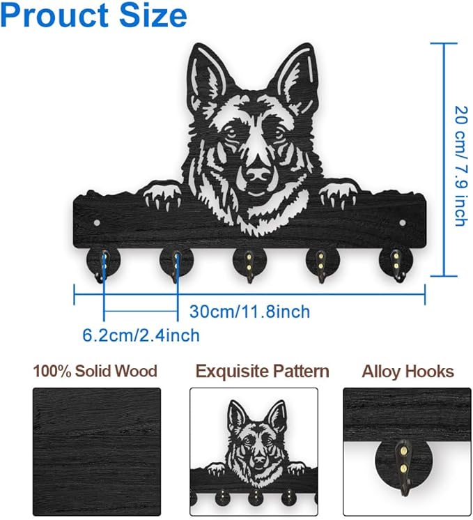 MAYJOYDIY German Shepherd Wood Key Holder for Wall 11.8x7.8inch Dog Animal Wall Mounted Key Hooks Coat Hanger Rack with 5 Alloy Hooks for Entryway Front Door Kitchen Office Decoration