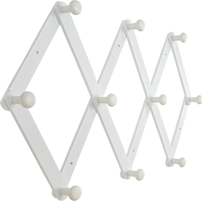 Dseap Expandable Coat Rack (Larger Version) - 24” High, Anti-Slip, Ultra Heavy Duty Wooden Accordian Wall Hanger with 10 Study Peg Hooks for Clothing Hats Jackets Bags, White