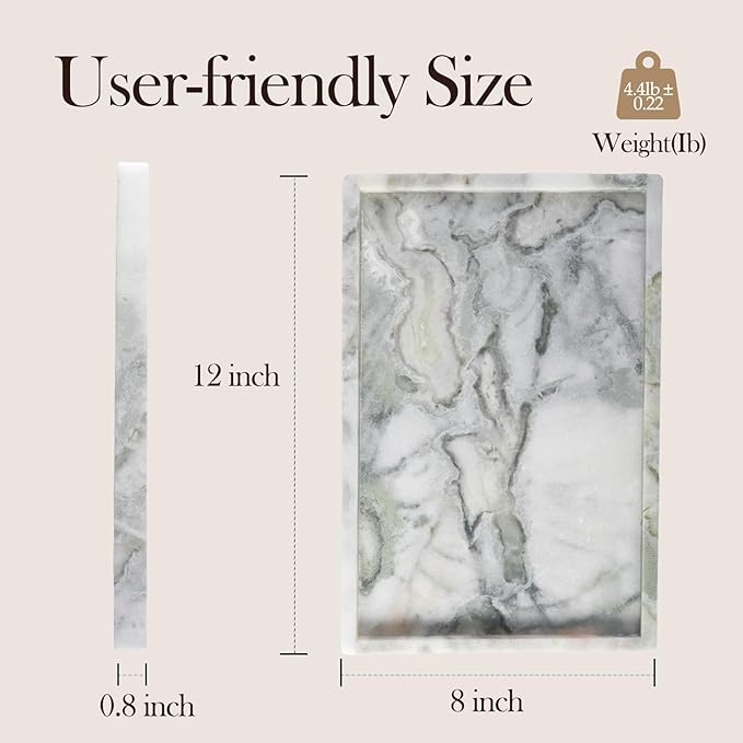 Koville Natural Marble Tray, 12x8â Coffee Table Vanity/Decorative Tray for Jewerly, Watch, Perfume Candle Storage for Bedroom/Bathroom/Kitchen Countertop