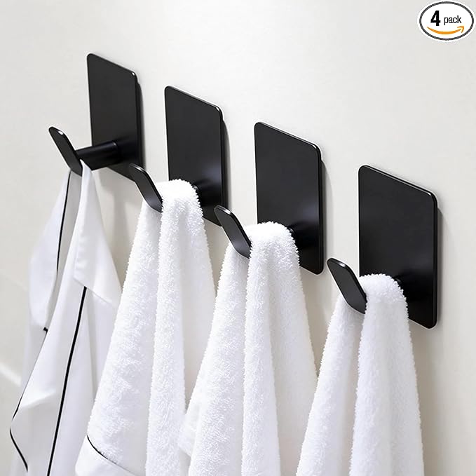Adhesive Towel Hooks for Bathroom, 4-Pack Matte Black Stainless Steel Wall Hooks, Heavy-Duty No-Drill Adhesive Hooks for Towels, Coats, Jackets, Kitchen, Shower, RV & Apartment Decor