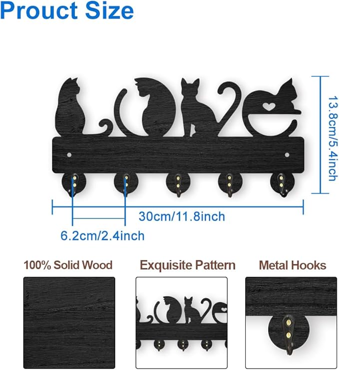 MAYJOYDIY Wood Love Cat Coat Rack Wall Mount 11.85.4inch Cat Love Heart Key Holder 5 Alloy Hooks Animal Theme Wall Key Rack for Gift Front Door Hallway Art Decor