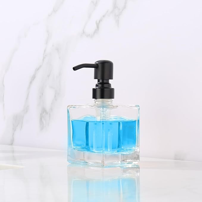 Square Bathroom Soap Dispenser Black, 8.4 oz Glass Bottles with Stainless Steel Pump Cube Liquid Hand Soap Dispenser Kitchen