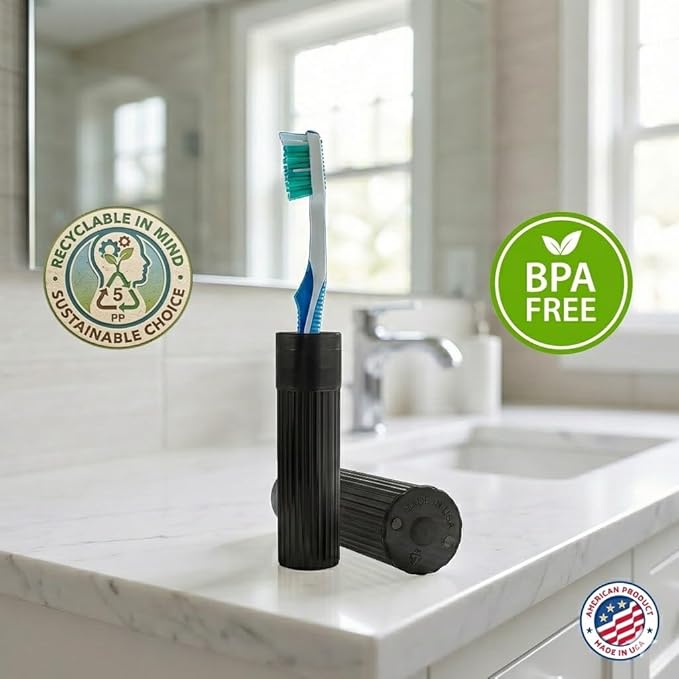 Toothbrush Holder - Black, Made in USA, with Ventilation Holes, for Toothbrush Covers, Toothbrush Holder, Toothbrush Soft, Durable Design, Hygienic Bathroom Accessory