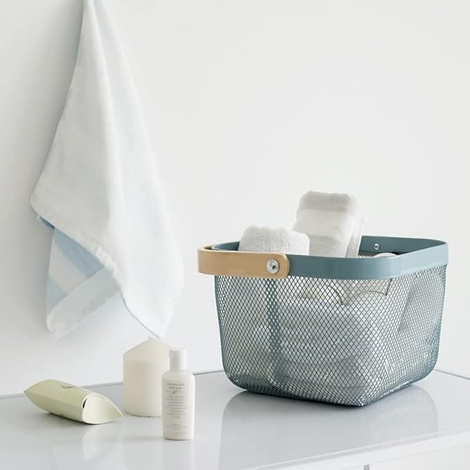 Mesh Steel Storage Organizer Basket Fruit Basket Bin with Wood Handle Ideal for Kitchen Bathroom Picnic Baskets Pantry Cabinets Storage Home Decor (Light Blue)