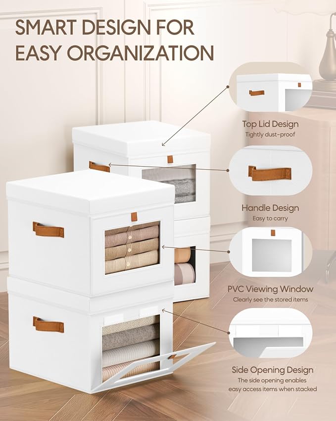 Storage Bins with Lid – Closet Organizer with Side Opening and Clear Window, Foldable Stackable Fabric Basket for Clothes, Home, Office - 13.77" x 11.8" x 9.8", 3 Pack, White