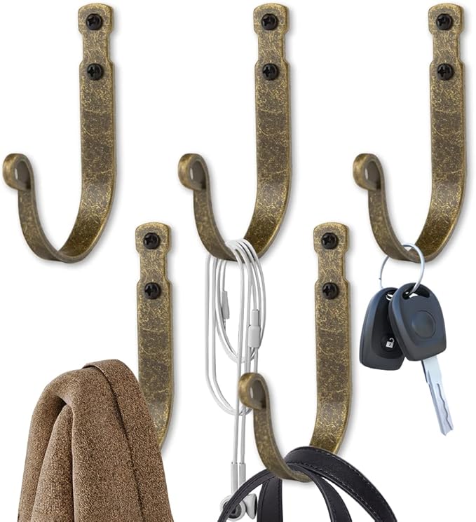 Wrought Iron Wall Mounted Hooks Heavy Duty Garage Storage Organizer Decorative Hanger for Home Garage Bathroom Kitchen Door Office Hanging Coat, Keys, Towel, Tools, Bags, Hat (Bronze)