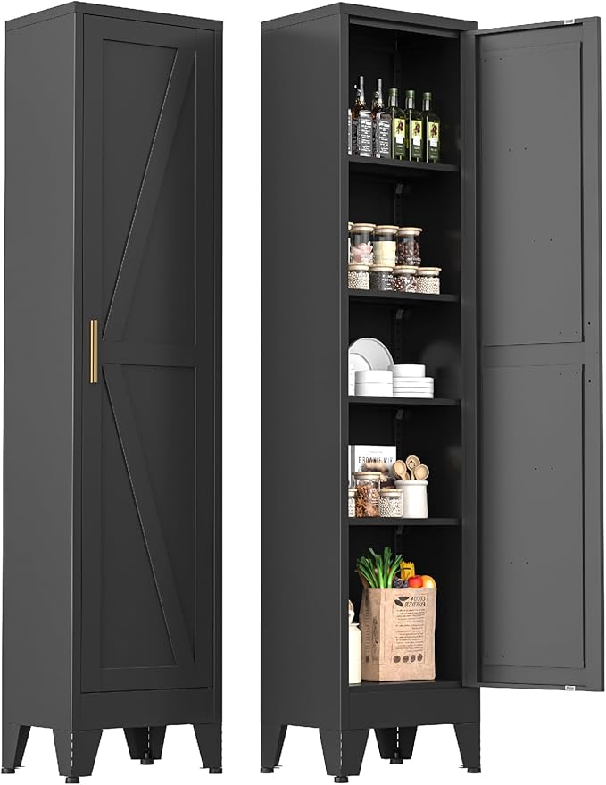 White Narrow Metal Storage Cabinet, Tall Freestanding Cabinet with 4 Adjustable Shelves & Barn Doors, Pantry Organizer for Bathroom Kitchen Home Office Dining Room（1PC,Black）