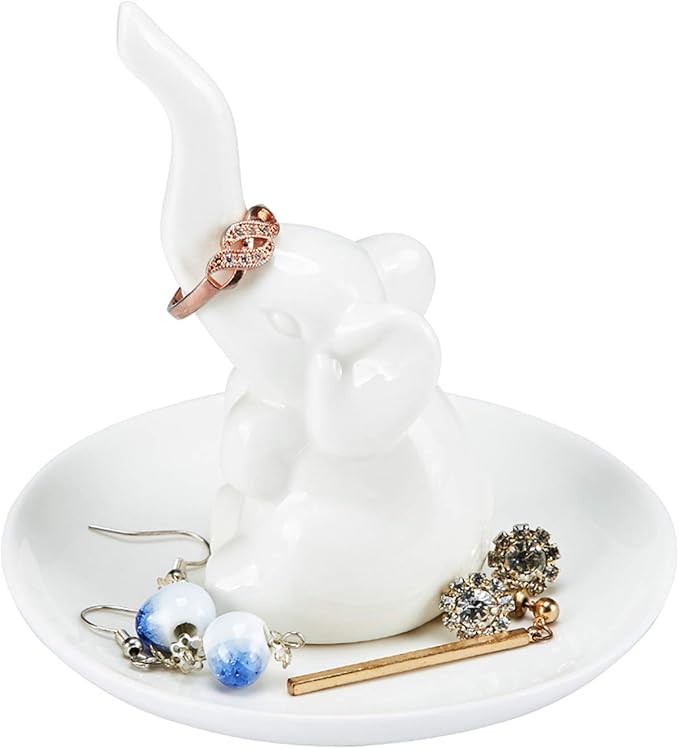 HOME SMILE Elephant Ring Dish Holder for Jewelry,Elephant Gifts for Women Chritsmas,Engagement Wedding Trinket Trays,Ceramic White