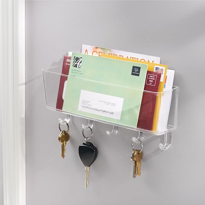 mDesign Plastic Wall Mount Mail and Key Holder with 5 Hooks, Hanger Rack Shelf for Home Entryway, Mudroom, Kitchen, Hold Letters, Cards, Magazines, Coats, Umbrellas, Ligne Collection - Clear