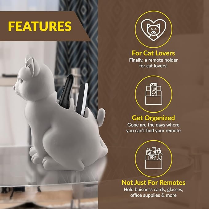 Cat TV Remote Caddy Fun & Durable Polyresin Organizer with 3 Compartments for Remotes, Eyeglasses, Office Supplies for Cat Lovers