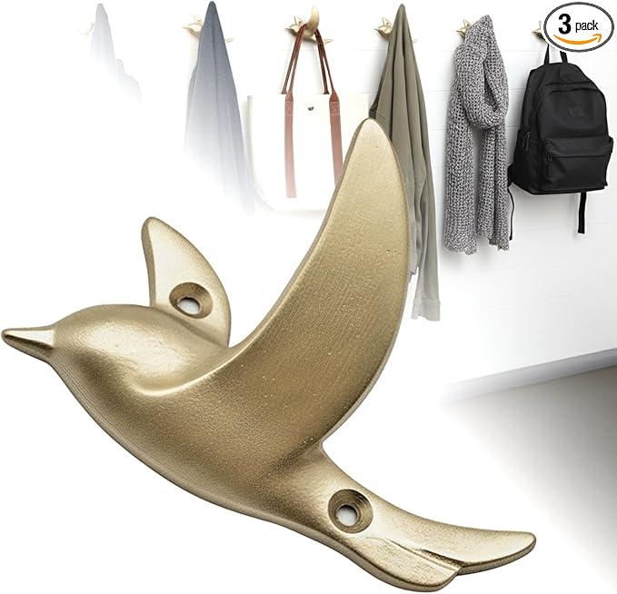 Ambipolar Flying Bird Iron Cast Decorative Bird Wall Mounted Coat Hooks (Robin Gold)