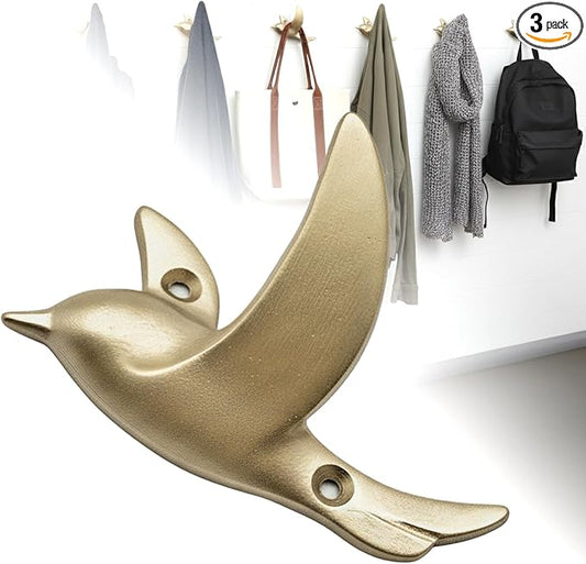 Ambipolar Flying Bird Iron Cast Decorative Bird Wall Mounted Coat Hooks (Robin Gold)