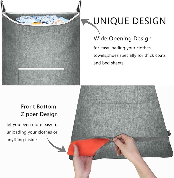 XL Hanging Laundry Hamper, Over the Door Laundry Hamper and Baskets, Wide Opening Hanging Laundry Bag,Hanging Hamper for Bathroom,Dorm,Chirstmas Gifts(Heather Grey, 36x22 Inch)