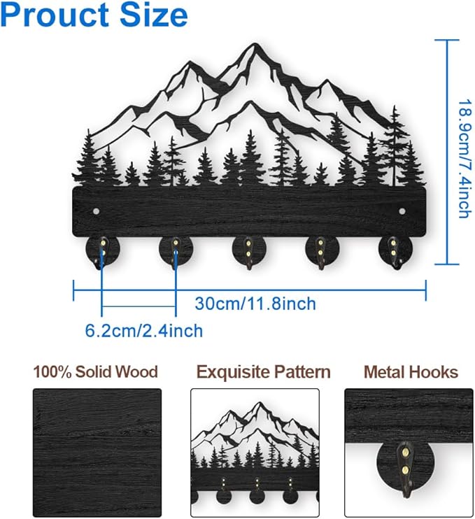 MAYJOYDIY Mountain Forest Wood Coat Rack Wall Mount, 5 Alloy Hooks Key Holder for Wall, Home Decor Gift, Nature Landscape Key Rack, Entryway Kitchen Hallway, 11.8x7.4inch