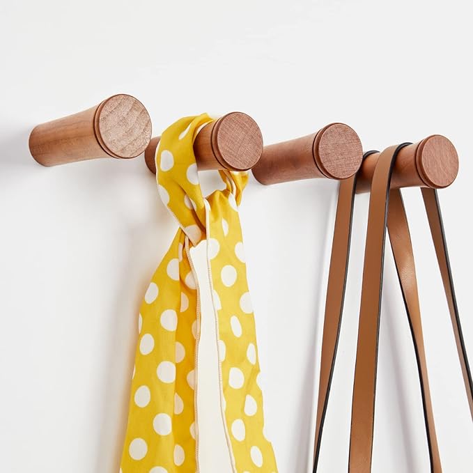 HomeDo Wall Hooks, Wooden Coat Rack Wall Mounted, Entryway Hat Hanger, Decorative Single Organizer, Heavy Duty Towel Hook (Cherry Wood-3inch, 6Pack)