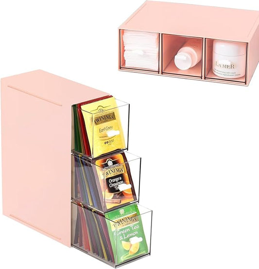 Plastic Clear Tea Box, Tea Bag Organizer with 3 Drawers, Stackable Storage Drawers, Makeup Organizer, Stackable Tea Bag Storage for Sugar Sachets, Coffee, Cosmetic, Jewelry, Bathroom Organization
