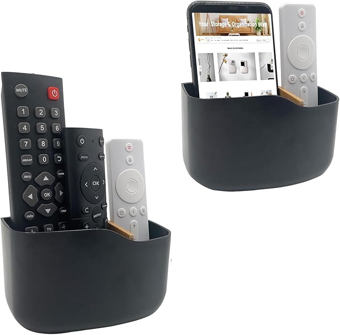 SUNFICON Remote Holder Wall Mount TV FAN Remote Control Holder Bedside Caddy Wall Organizer Phone Holder for Office Adhesive Media Player Controller Holder Box Tray Home Desk Nightstand 2 Black
