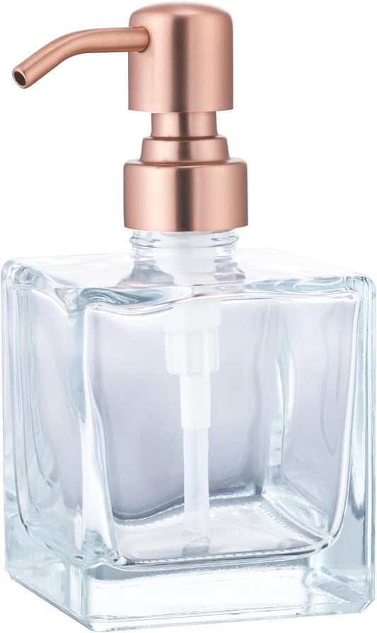 Ximlike Square Bathroom Soap Dispenser Pink Pump, 8.4 oz Glass Bottles with Stainless Steel Pump Rose Gold Retangle Cube Liquid Soap Dispenser Hand Kitchen