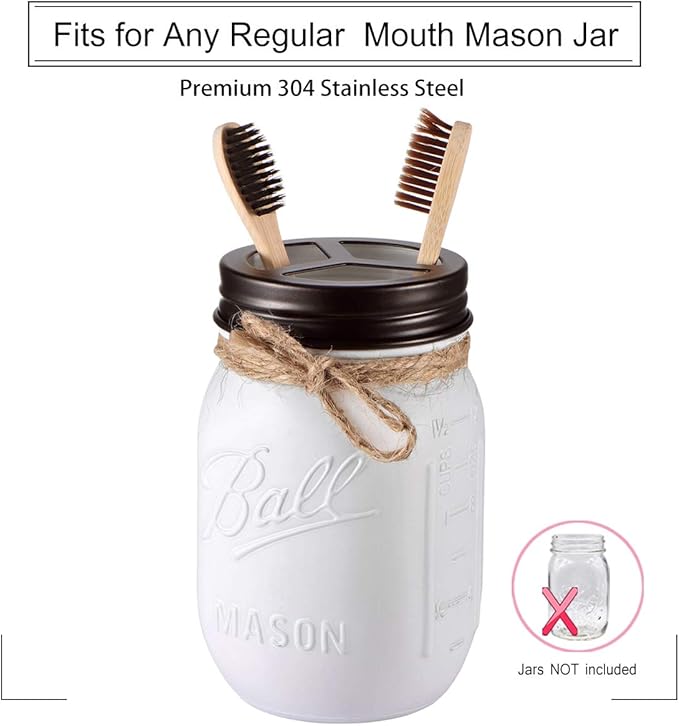Mason Jar Bathroom Accessories Lids Set(4pcs) - Jar Not Included - Soap Dispenser,Toothbrush Holder, Apothecary Jars Lids for Regular Mouth Mason Jars - Rustproof Stainless Steel，Bronze