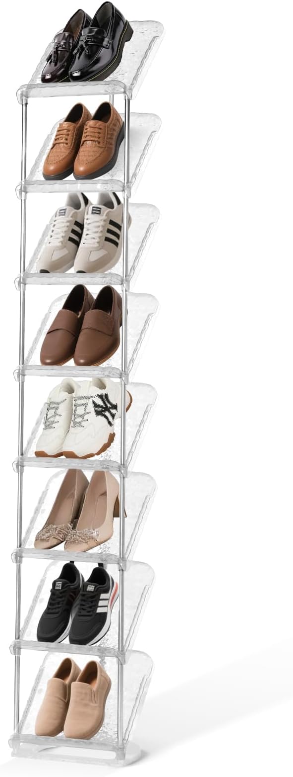 Vertical Shoe Rack 8 Tiers Narrow Clear Sneaker Storage Holder Luxurious Slim Tall Organizer Space Saving Shelf for Entryway Garage 10.4" W x 64.5" H x 9.8" D (Transparent)