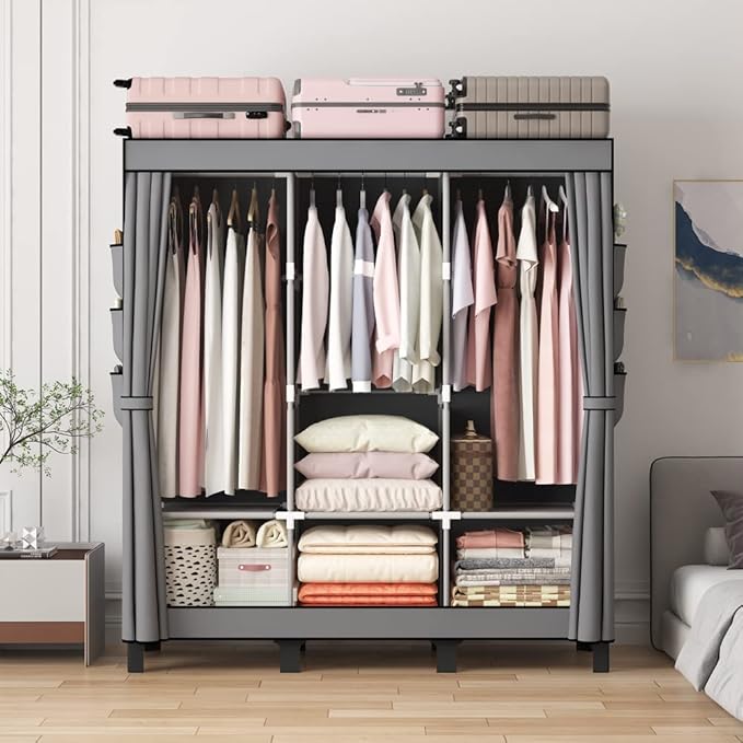 Portable Closet, 51.18" Large Capacity Clothing Storage Organizer with 3 Hanging Rods 6 Shelves 18 Side Pockets, Dustproof Sturdy Wardrobe for Bedroom Dorm Rental Apartment(Grey, Large)