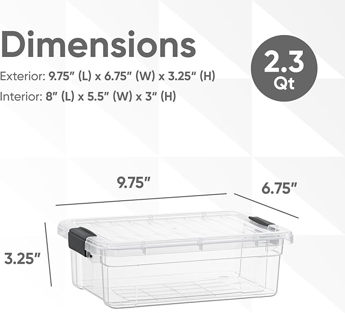 Superio Clear Storage Boxes with Lids, 2.3 Quart Plastic Container Bins for Organizing, Stackable Crates, BPA Free, Non Toxic, Odor Free, Organizers for Home, Office and Dorm, 4 Pack