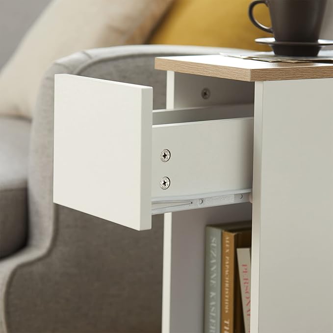 SoBuy Narrow Nightstand Set of 2, Narrow Bedside Table with Sliding Drawer and Open Compartment, Modern Slim End Table Storage Cabinet, White & Natural, FBT111-WNX2