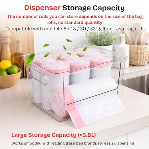 Trash Bag Dispenser with Front Opening, Stackable Garbage Bag Holder for Kitchen & Home, Fits 1 Gallon Bags, Includes Reusable Gloves, Adhesive Anti-Slip Pads & 15 Trash Bags–Large Organizer