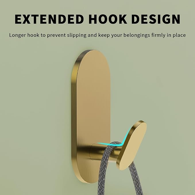 Adhesive Towel Hooks for Bathrooms 4 Pack Brushed Gold Stainless Steel and Zinc Alloy Sticky Wall Hooks for Hanging Heavy Duty Self Adhesive Robe Shower Hanger for Kitchen, Closet, Cabinet, Door