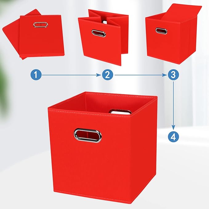 STOREONE 13 Inch Cube Organizer Bins ,Black Fabric Storage Bins，Foldable Storage Bins Basket with Dual Handles Fabric Organizer Bins and Storage Box，Set of 3,Red