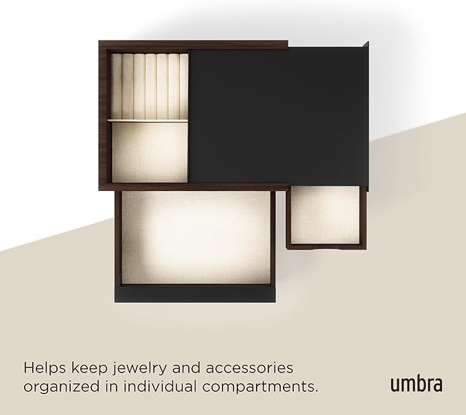 Umbra Stowit Jewelry Box - Modern Keepsake Storage Organizer with Hidden Compartment Drawers for Ring, Bracelet, Watch, Necklace, Earrings, and Accessories, Black/Walnut