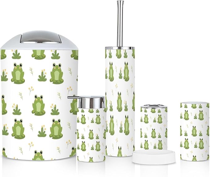6 Piece Bathroom Accessories Set Cute Frogs Nature Seamless Pattern Funny Green Frog Character Pattern Trash can Toilet Brush Holder Toothbrush Holder Toothbrush Cup Soap Dispenser Soap Dish for Home