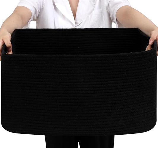 75L Blanket Basket, Large Woven Baskets for Storage, Blanket Storage for Living Room, Rope Basket with Handles for Bedroom, Nursery, Toys, Clothes, 22â x 17â x 11.5â, Black