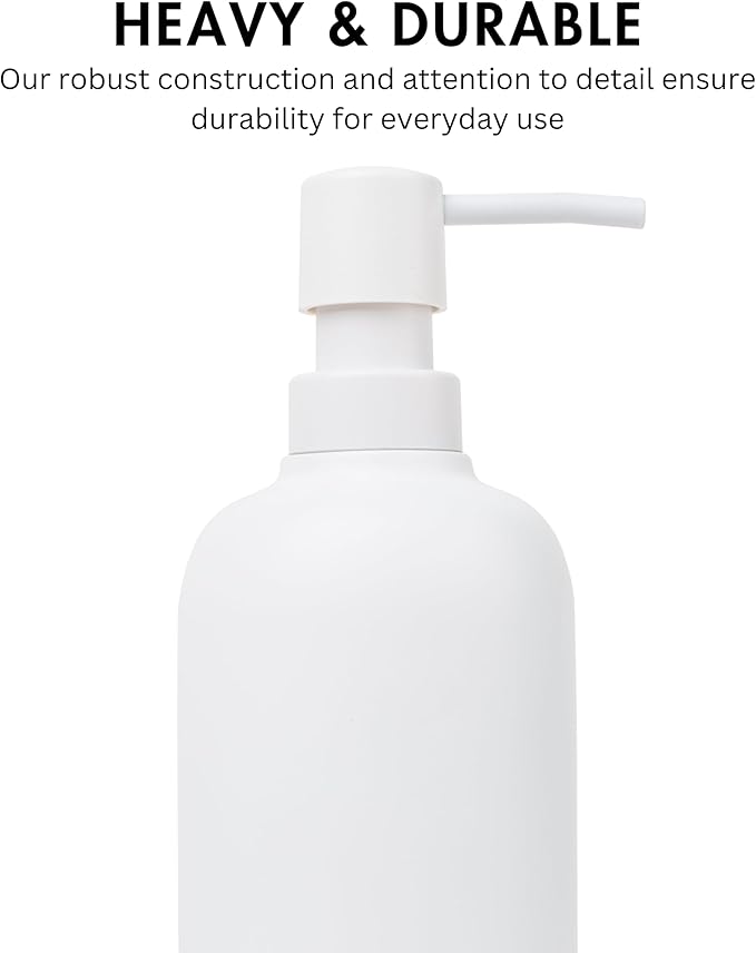 Matte White Round Soap Dispenser for Kitchen & Bathroom – 15 oz Refillable Resin Pump Bottle for Dish Soap, Hand Soap, Shampoo, Conditioner – Modern Countertop Dispenser with Non-Slip Protective Pads
