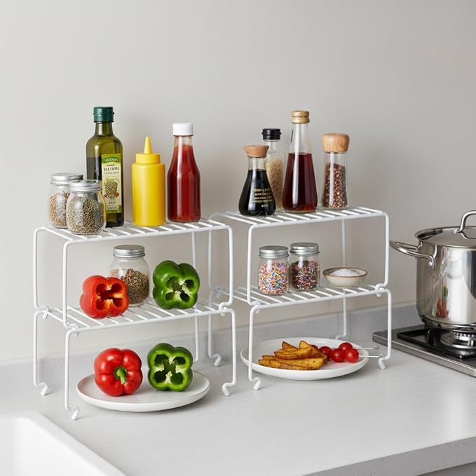 2-Pack Small (10.8x5.3inch) White Stackable Shelf Organizer Rack, Kitchen Shelves Organization for Cabinet, Pantry Organizers and Storage, Wire Shelf Rack, Desk Organizer, Rustproof